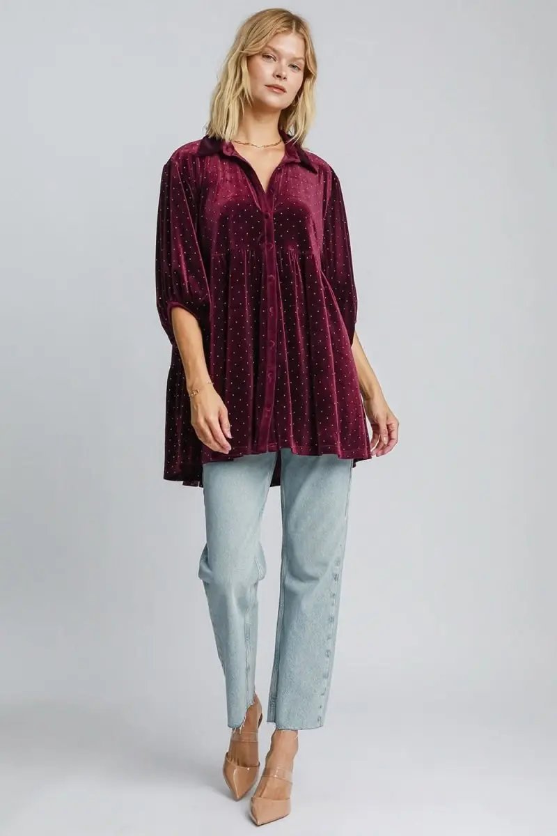 Polka Dot Button-Up Half Sleeve Blouse by Umgee - Love Salve